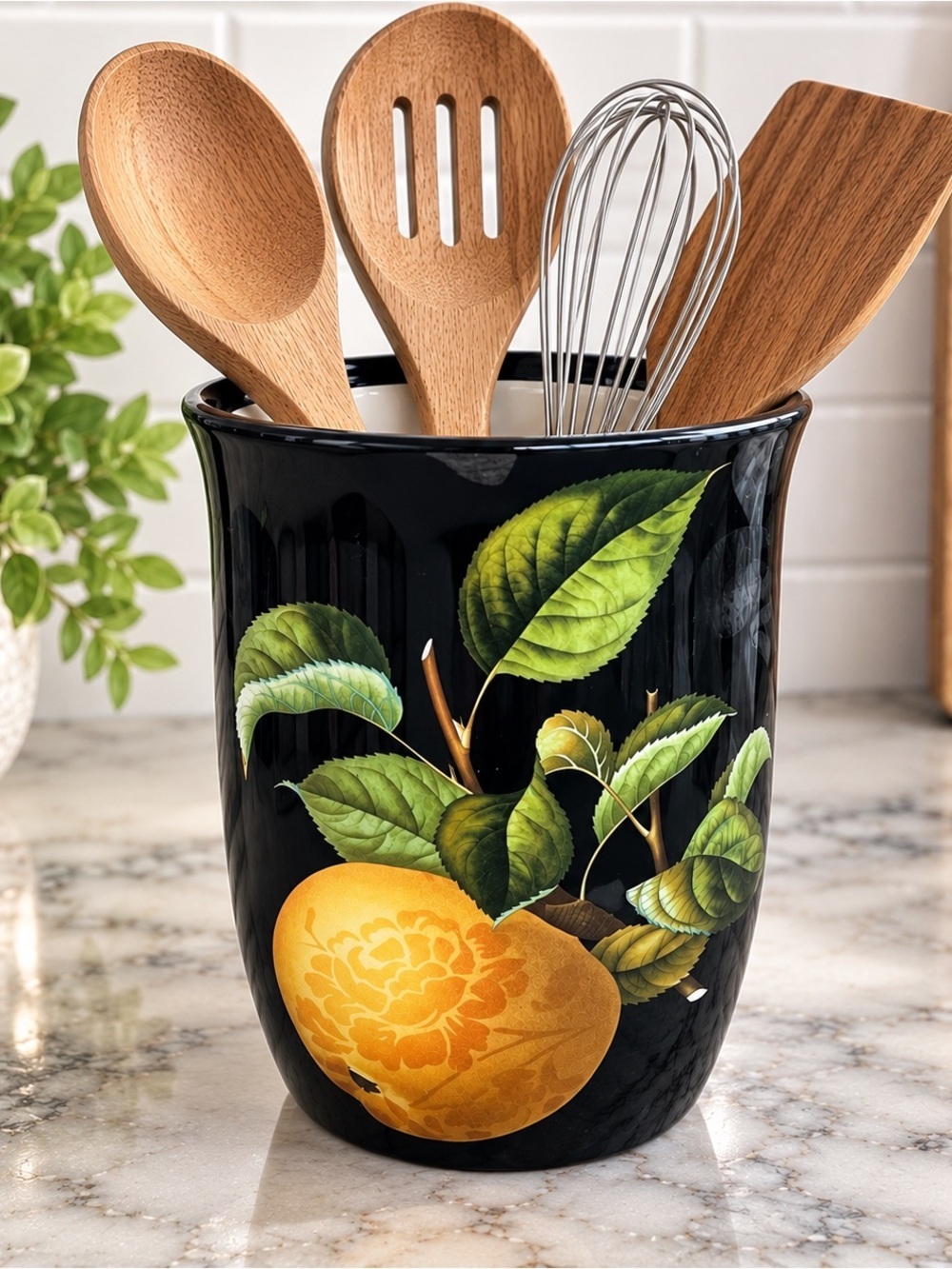 Certified International Lemon Utensil Crock Black Botanical Mindy Sommers 6.5”